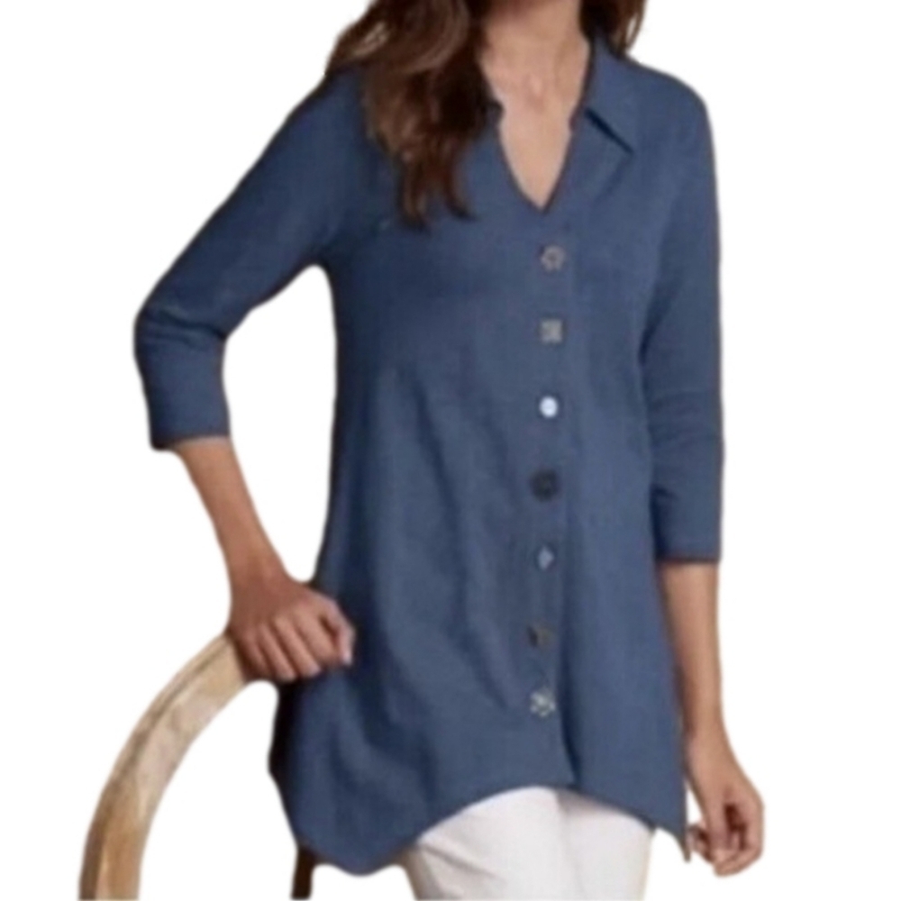 Soft Surroundings Danielle Chambray V Neck Artisan Button Tunic Blouse Top